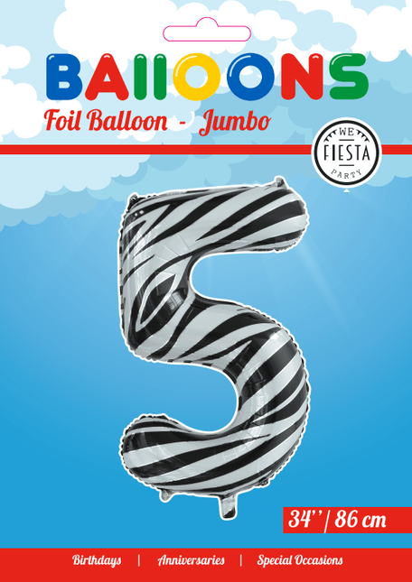 Folie Ballon Cijfer 5 Zebra XL 86cm leeg van WeFiesta koop je bij Partywinkel