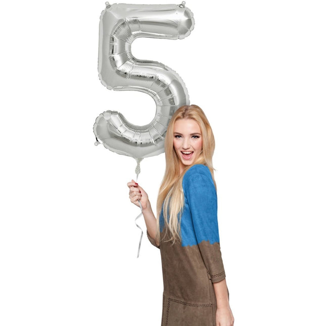 Folie Ballon Cijfer 5 Zilver Metallic XL 86cm leeg van Folat koop je bij Partywinkel