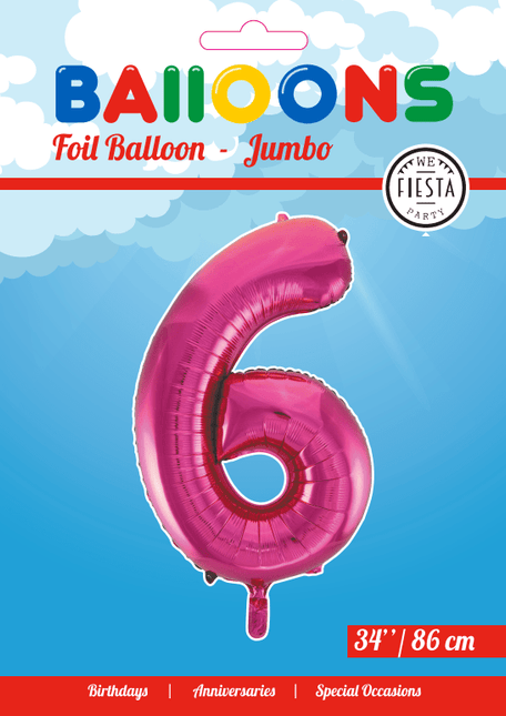 Folie Ballon Cijfer 6 Fuchsia XL 86cm leeg van WeFiesta koop je bij Partywinkel