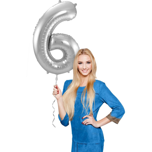 Folie Ballon Cijfer 6 Zilver Metallic XL 86cm leeg van Folat koop je bij Partywinkel