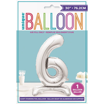 Folie Ballon Cijfer 6 Zilver Standaard 76cm van Unique koop je bij Partywinkel