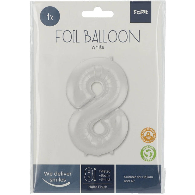 Folie Ballon Cijfer 8 Mat Wit XL 86cm leeg van Folat koop je bij Partywinkel