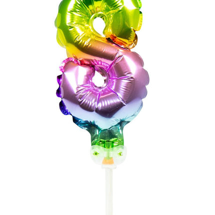 Folie Ballon Cijfer 8 Regenboog 13cm met Stokje van Folat koop je bij Partywinkel