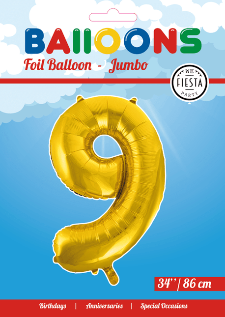 Folie Ballon Cijfer 9 Goud XL 86cm leeg van WeFiesta koop je bij Partywinkel