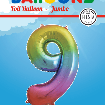 Folie Ballon Cijfer 9 Regenboog XL 86cm leeg van WeFiesta koop je bij Partywinkel