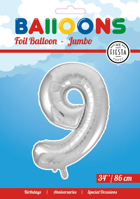 Folie Ballon Cijfer 9 Zilver XL 86cm leeg van WeFiesta koop je bij Partywinkel