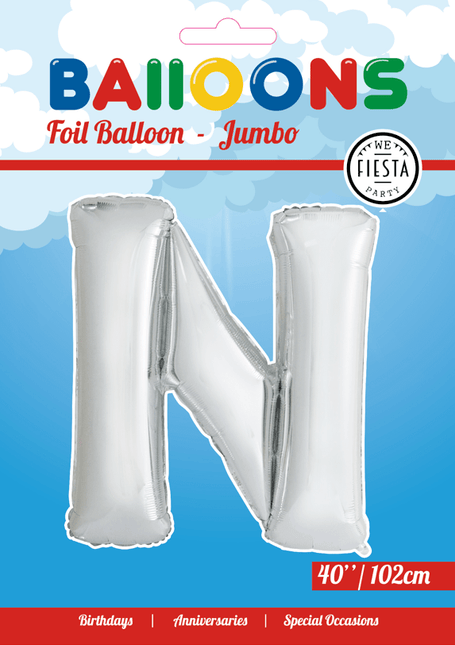 Folie Ballon Letter N Zilver XL 102cm leeg van WeFiesta koop je bij Partywinkel