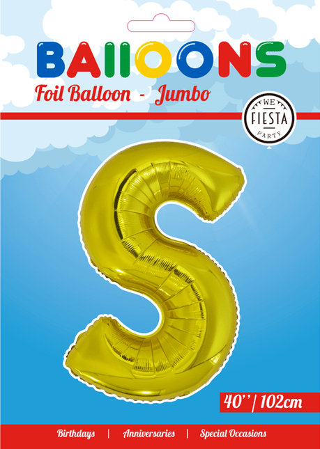 Folie Ballon Letter S Goud XL 102cm leeg van WeFiesta koop je bij Partywinkel