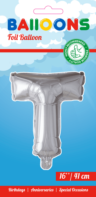 Folie Ballon Letter T Zilver 41cm met Rietje van WeFiesta koop je bij Partywinkel