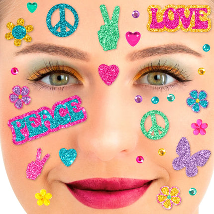 Farvede falske tatoveringer til ansigtet med glitter – Flower Power