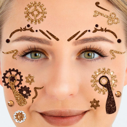 Brune falske tatoveringer til ansigtet med glitter i steampunk-stil i messingfarve