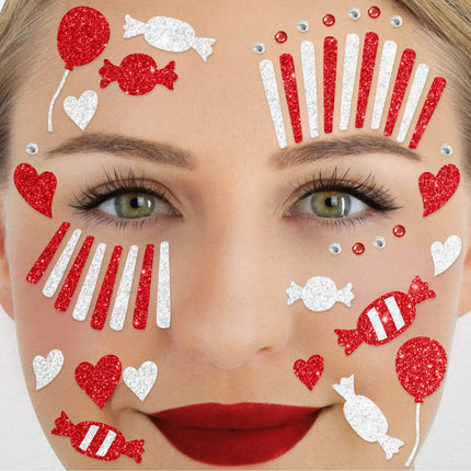Røde og hvide falske tatoveringer til ansigtet med glitter – klovn