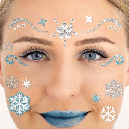 Blå og sølvfarvede falske tatoveringer til ansigtet med glitter – isprinsesse