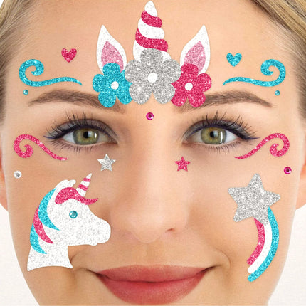 Farvede falske tatoveringer til ansigtet med glitter og enhjørning