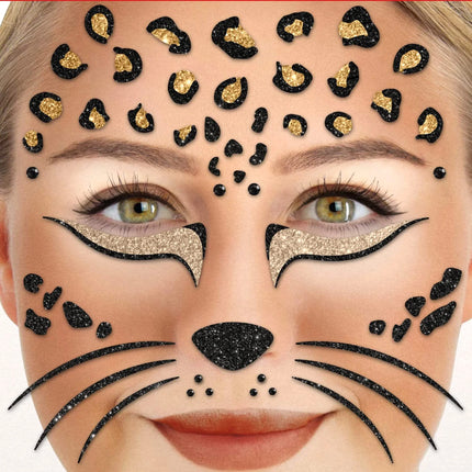 Brune og sorte falske tatoveringer til ansigtet med glitter – panter