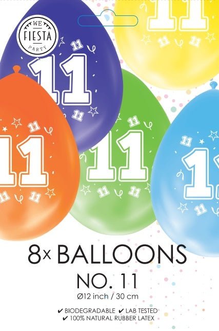 Gekleurde Ballonnen 11 Jaar 30cm 8st van WeFiesta koop je bij Partywinkel