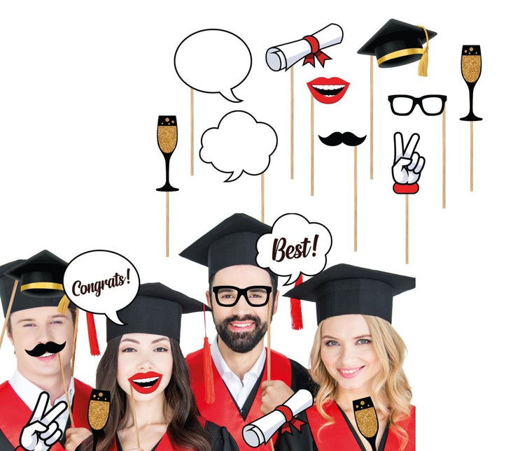 Geslaagd Photobooth Props Zwart Goud 10st van Fiestas Guirca koop je bij Partywinkel