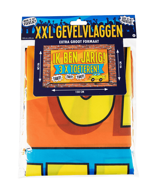 Gevelvlag Ik Ben Jarig 3x Toeteren! 1,5m van Paper Dreams koop je bij Partywinkel