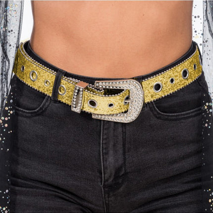 Guldglitterbælte med strass-spænde i western-stil, 112 cm