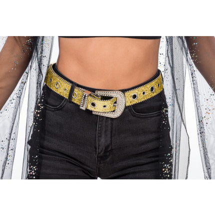 Guldglitterbælte med strass-spænde i western-stil, 112 cm