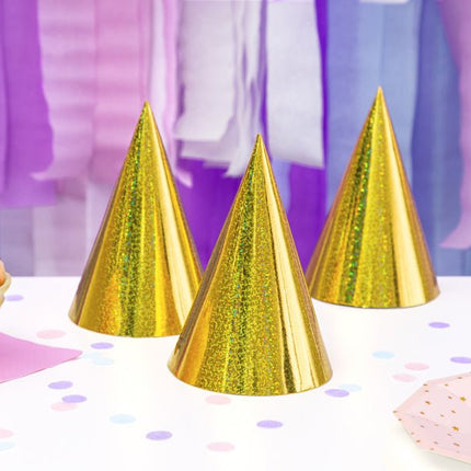 Gouden Feesthoedjes Holografisch 16cm 6st van Partydeco koop je bij Partywinkel