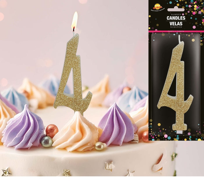 Gouden Kaars 4 Jaar Glitter 12,5cm van Fiestas Guirca koop je bij Partywinkel