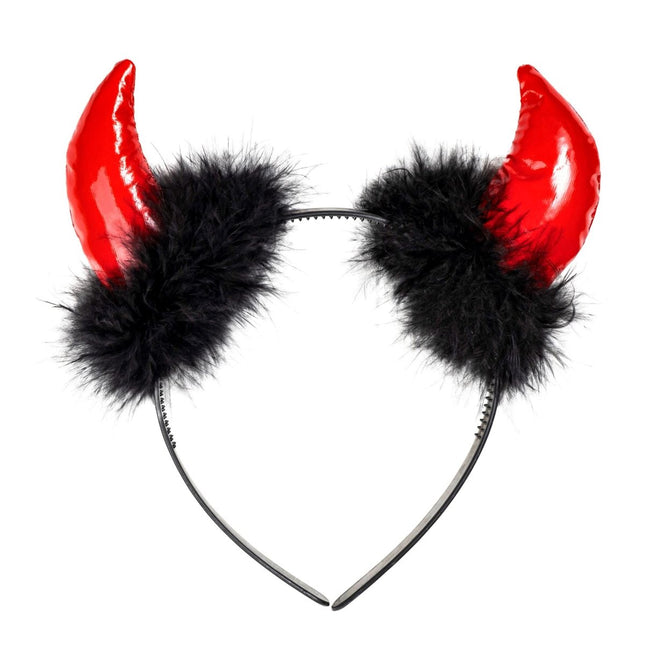 Halloween Haarband Zwart Rood Duivel Met Veren van Widmann koop je bij Partywinkel