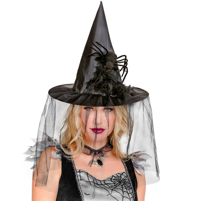 Halloween Heksenhoed Met Sluier En Spin van Widmann koop je bij Partywinkel