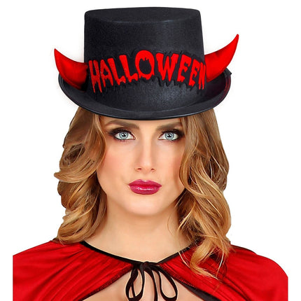 Halloween Hoge Hoed Zwart Rood Duivel van Widmann koop je bij Partywinkel