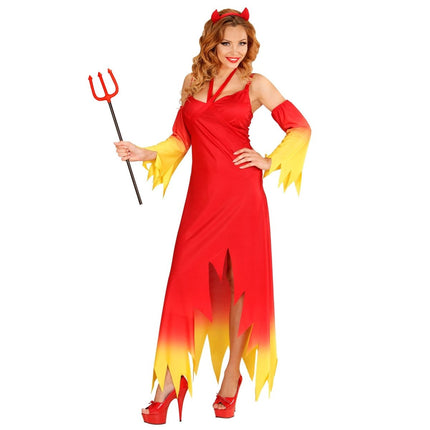 Halloween Jurk Rood Geel Dames Duivel van Widmann koop je bij Partywinkel