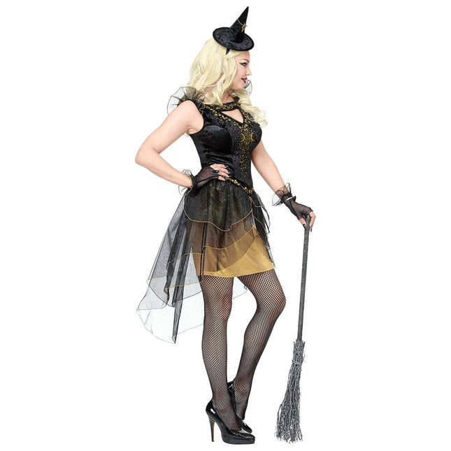 Halloween Jurk Zwart Goud Dames Heks van Widmann koop je bij Partywinkel