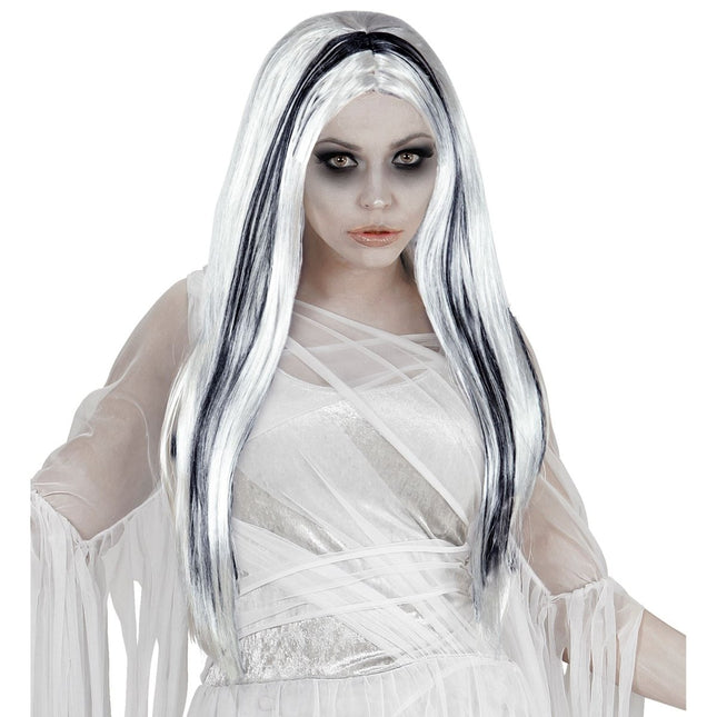 Halloween Pruik Wit Zwart Geest van Widmann koop je bij Partywinkel
