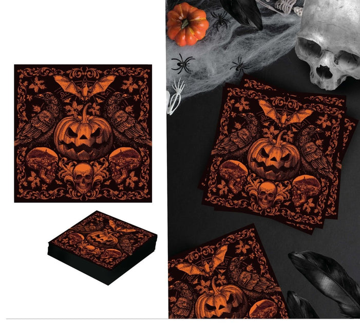 Halloween Servetten Gotische Pompoen 16cm 20st van Fiestas Guirca koop je bij Partywinkel