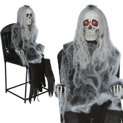 Halloween Skelet Op Stoel Met Licht, Geluid En Beweging 1,05m van Fiestas Guirca koop je bij Partywinkel
