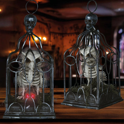 Halloween Skelet Uil In Kooi Met Licht, Geluid En Beweging van Fiestas Guirca koop je bij Partywinkel