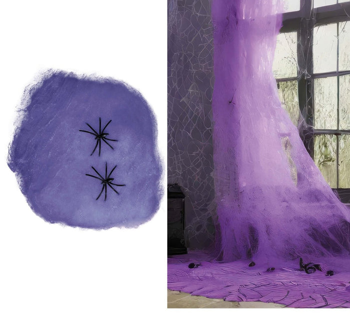 Halloween Spinnenweb Paars Met Spinnen 100gr van Fiestas Guirca koop je bij Partywinkel
