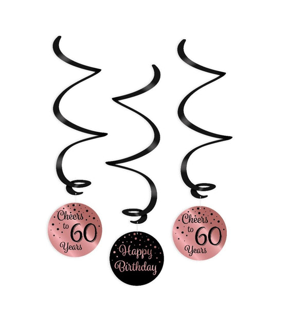Hangdecoratie 60 Jaar Happy Birthday Zwart Roze 17cm 3st van Paper Dreams koop je bij Partywinkel