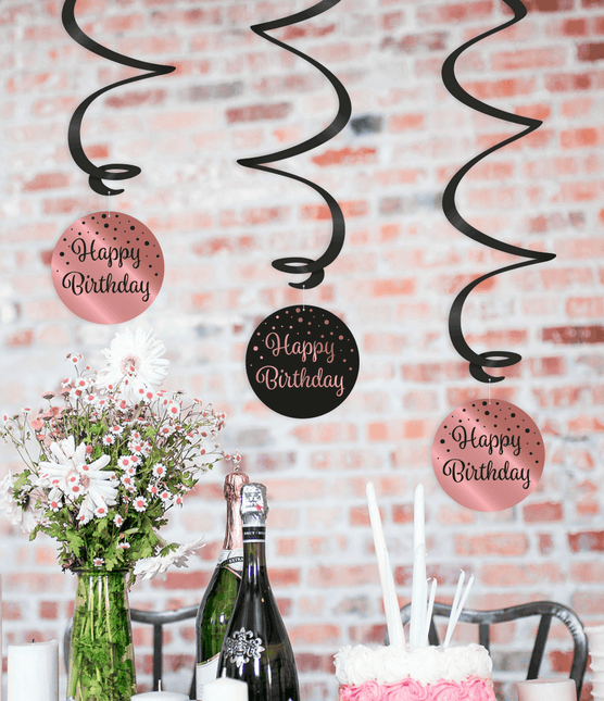 Hangdecoratie 60 Jaar Happy Birthday Zwart Roze 17cm 3st van Paper Dreams koop je bij Partywinkel