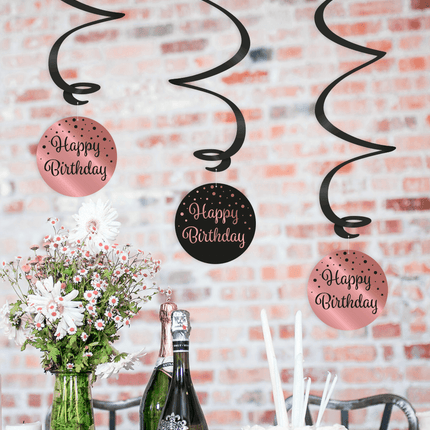 Hangdecoratie 65 Jaar Happy Birthday Zwart Roze 17cm 3st van Paper Dreams koop je bij Partywinkel