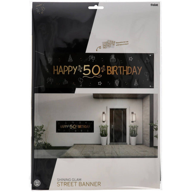 Happy Birthday Banner Zwart Goud 1,6m van Folat koop je bij Partywinkel