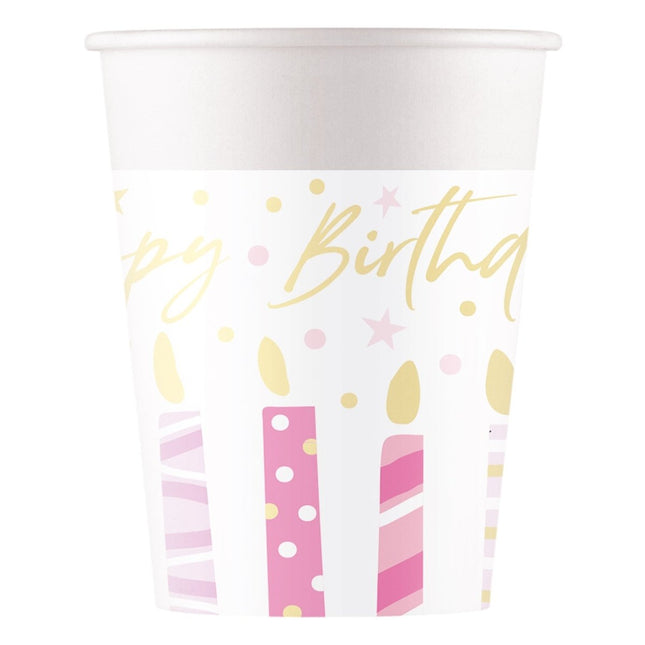Happy Birthday Beker Kaarsen 200ml 8st van Procos koop je bij Partywinkel