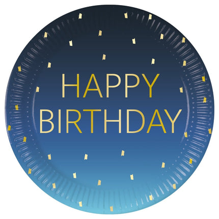 Happy Birthday Borden Blauw Goud 23cm 8st van Procos koop je bij Partywinkel