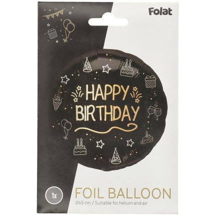 Happy Birthday Helium Ballon Zwart Goud Leeg 45cm van Folat koop je bij Partywinkel