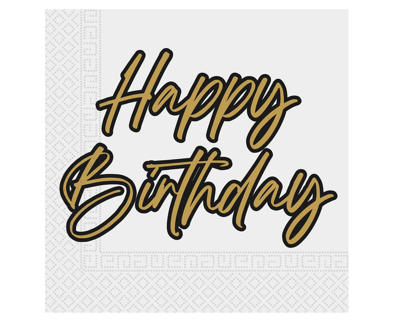 Happy Birthday Servetten Goud Wit 2 Laags 33cm 20st van Procos koop je bij Partywinkel