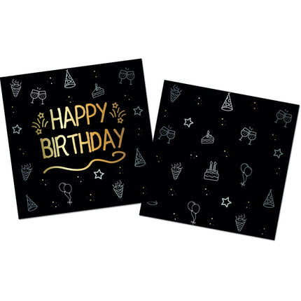Happy Birthday Servetten Zwart Goud 33cm 16st van Folat koop je bij Partywinkel