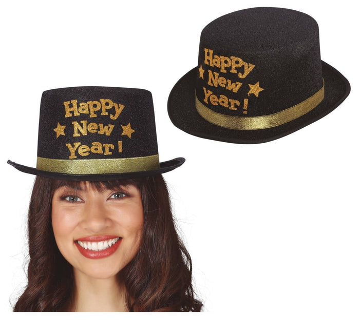Happy New Year Hoed Zwart Goud van Fiestas Guirca koop je bij Partywinkel