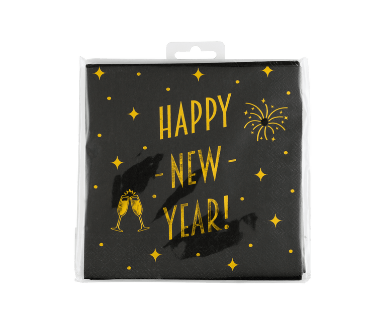 Happy New Year Servetten Zwart Goud 19cm 16st van Paper Dreams koop je bij Partywinkel