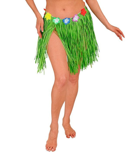 Hawaiirokje Groen Met Bloemenriem 40cm van Widmann koop je bij Partywinkel