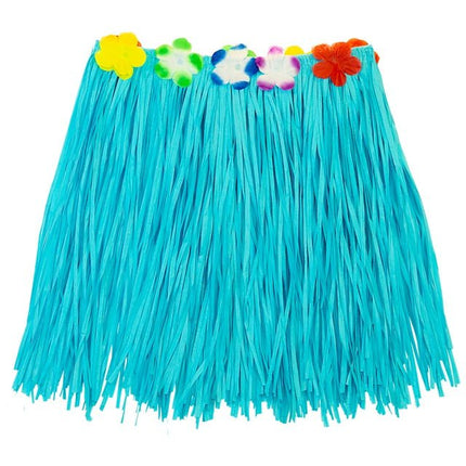 Hawaiirokje Lichtblauw Met Bloemenriem 40cm van Widmann koop je bij Partywinkel