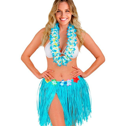 Hawaiirokje Lichtblauw Met Bloemenriem 40cm van Widmann koop je bij Partywinkel